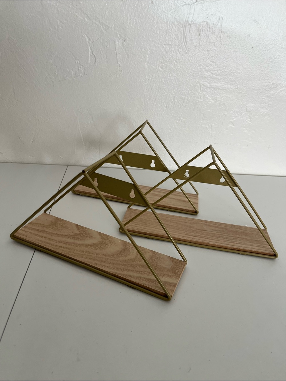 3 Small Shelves Gold Metal & Wood Triangle Wall Shelf Modern Home Wall Decor